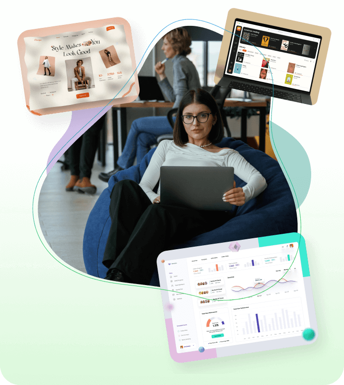 a woman sitting in a bean bag chair with a laptop