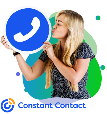 Woman playfully holding Constant Contact icon for Boise email marketing