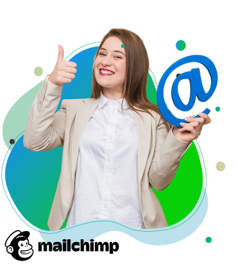 Smiling Boise businesswoman giving thumbs up while holding email icon, representing success with Mailchimp email marketing campaigns